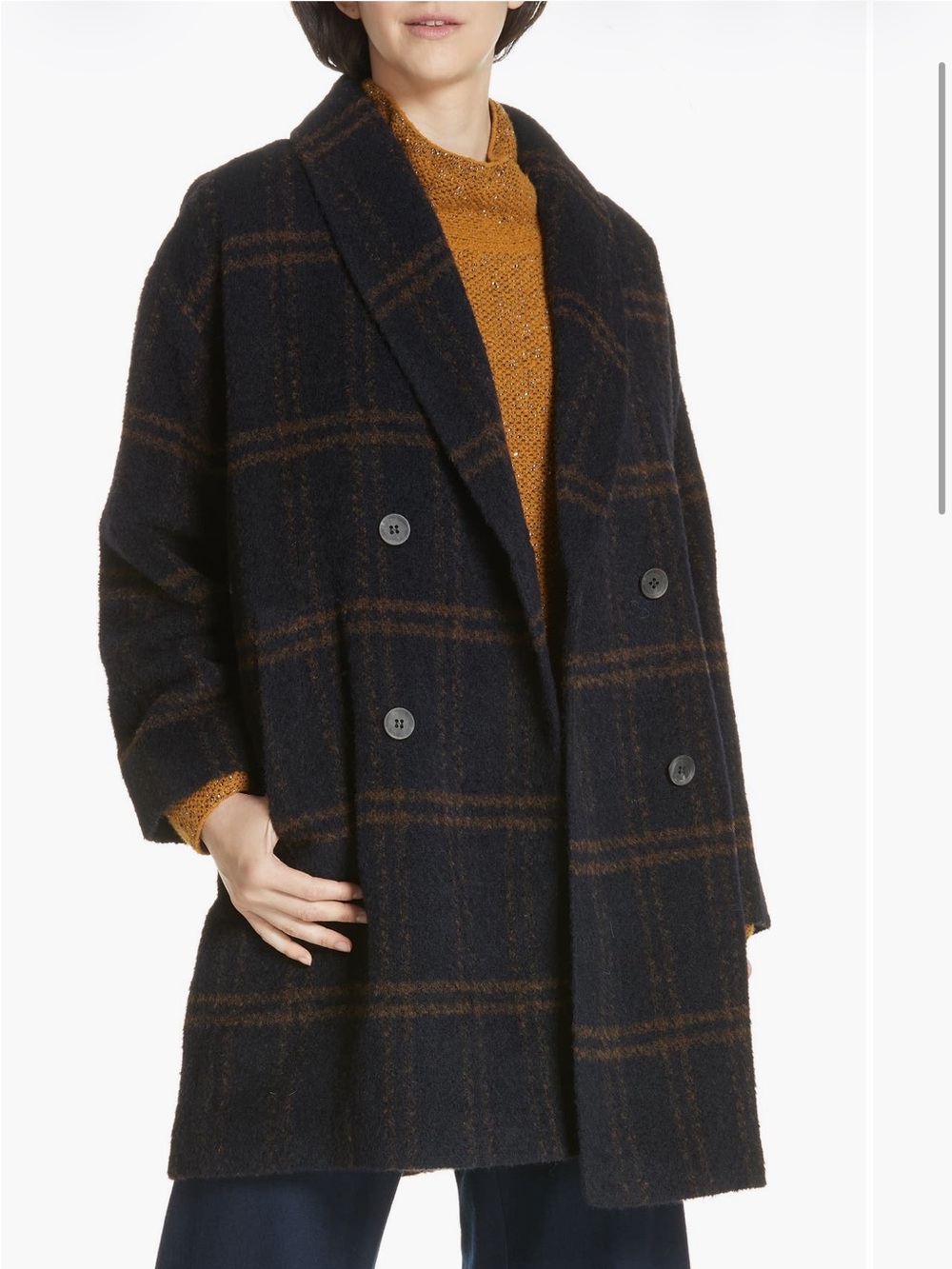 Eileen Fisher L/XL Midnight Plaid Suri Alpaca Wool Double Breasted Coat
